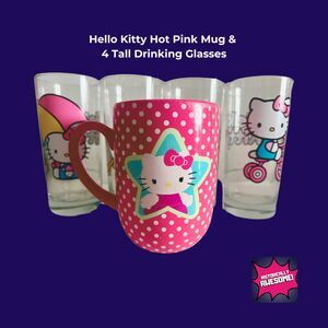 RARE Hello Kitty Glassware Unused— Hot Pink Mug and 4 tall drinking glasses